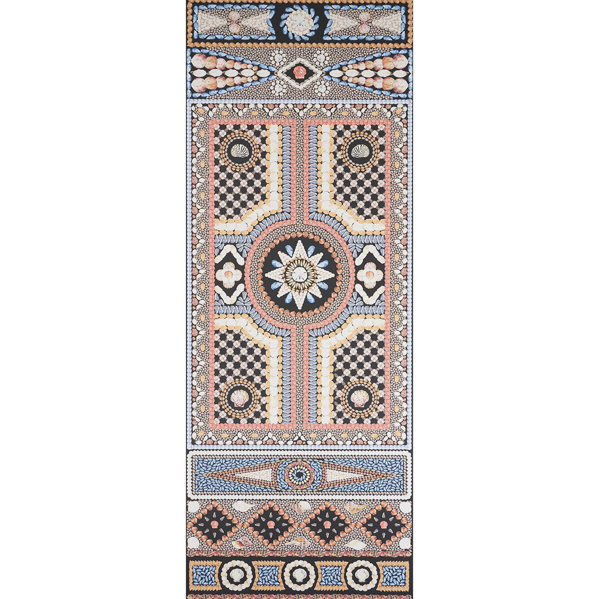 Shell Grotto Panel A wallpaper by Mary McDonald for Schumacher, featuring a classical architectural shell motif in onyx multi colors.