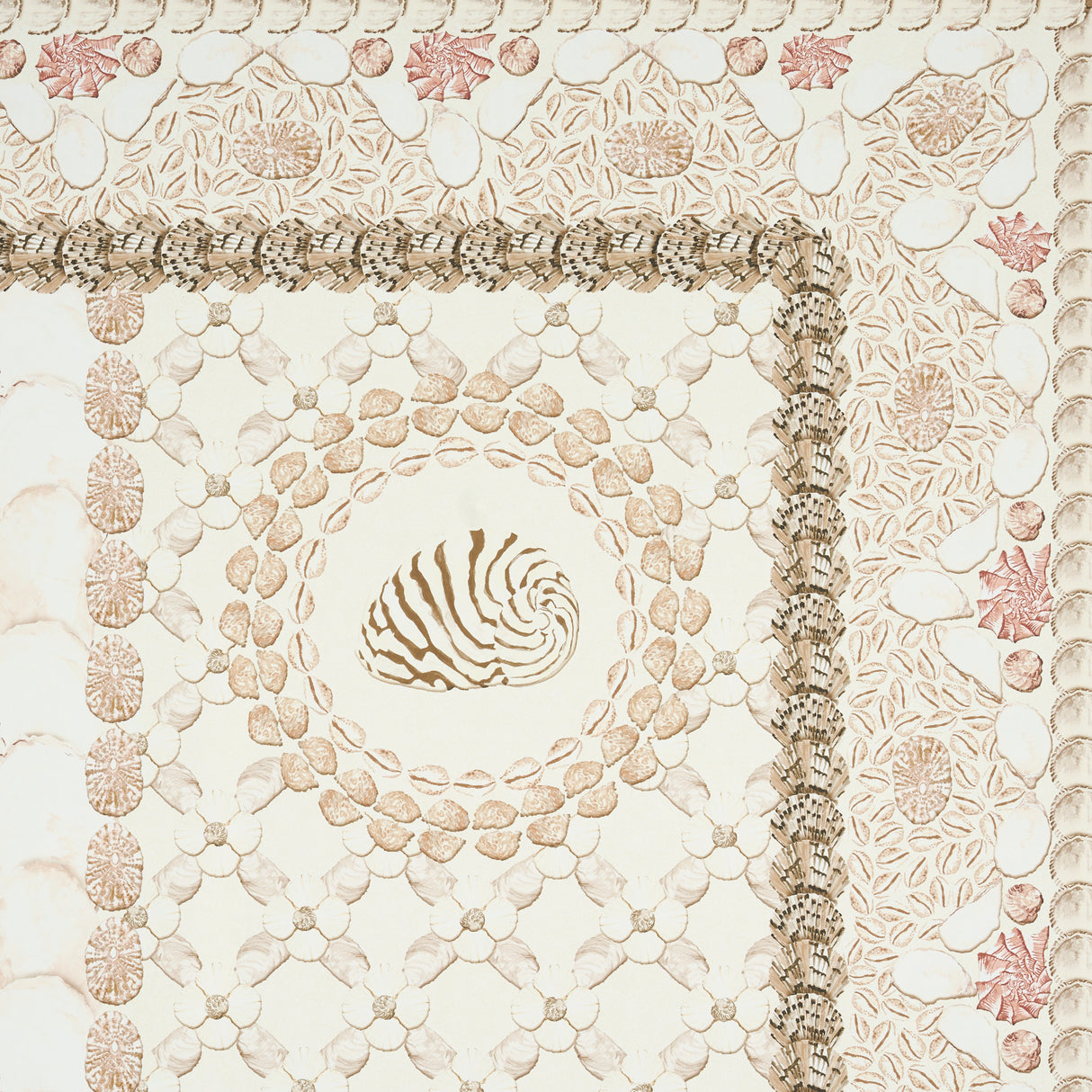 Shell Grotto Panel A Sand by Mary McDonald Classical Shell Wallpaper Panel – Schumacher 5015161