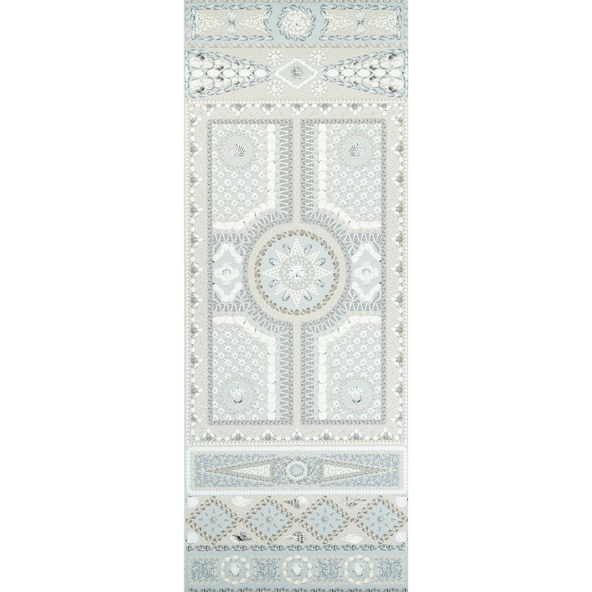 Shell Grotto Panel A wallpaper in seafoam by Mary McDonald for Schumacher, featuring a classical shell motif in a hand-painted style.