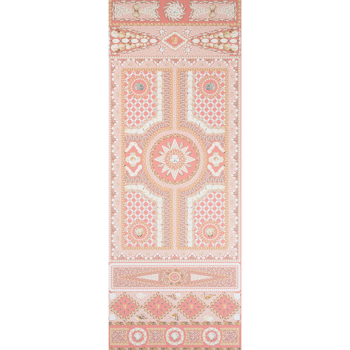 Shell Grotto Panel A wallpaper in coral by Mary McDonald for Schumacher, featuring intricate seashell and classical architectural motifs in a hand-painted style.