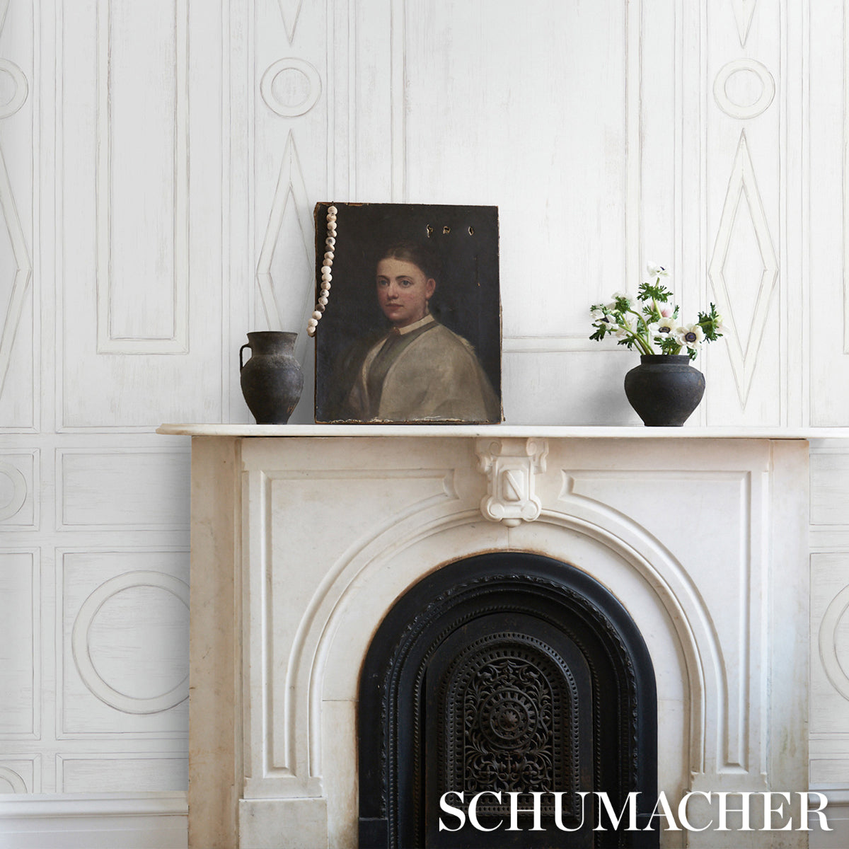 Swedish Manor Panel A White by Mary McDonald Neoclassical Panel Wallpaper – Schumacher 5015170