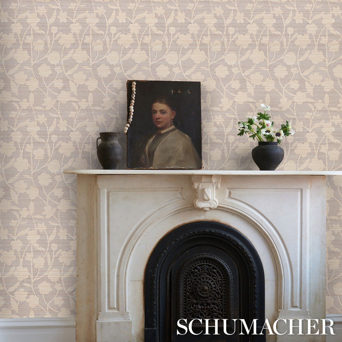 Kantha Embroidered Flower Sisal Carbon by Schumacher Handcrafted Floral Embroidered Wallpaper – Schumacher 5015180