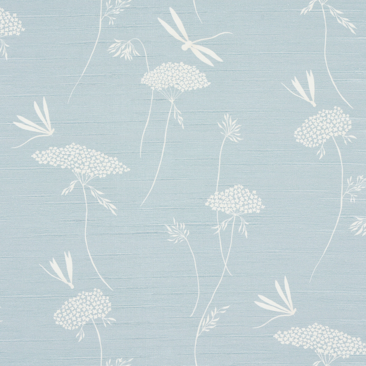 La Libellule Silk wallpaper in Ciel by Schumacher features a delicate dragonfly and floral design on a luminous silk ground in soft blue tones.