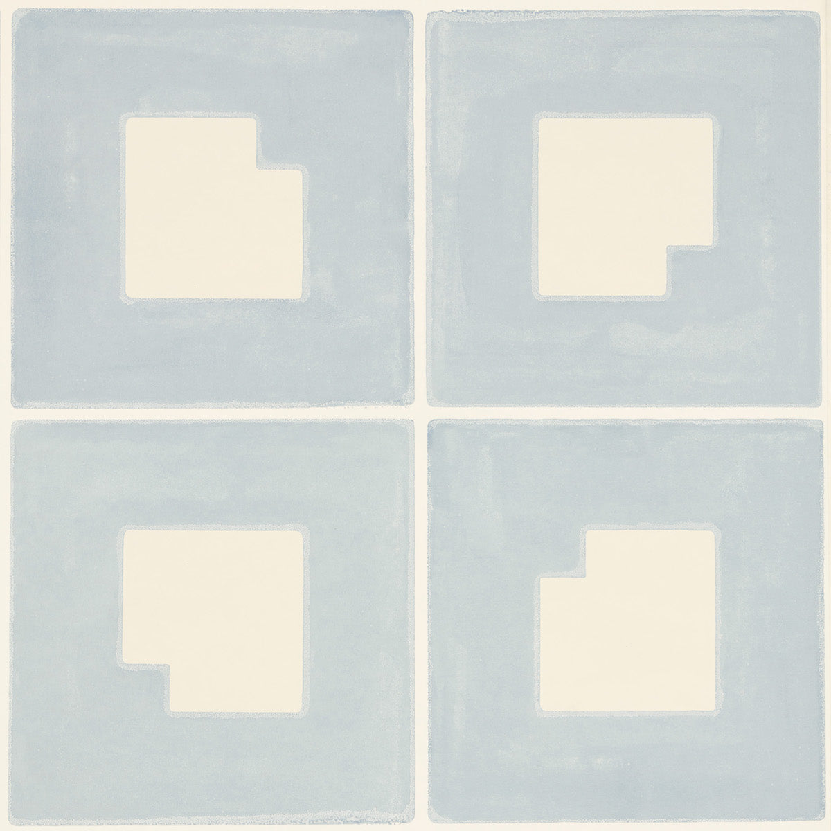 Palindrome Sky by Backdrop for Schumacher. Large-scale geometric grid wallpaper in soft blue and white, shown in room and detail views.