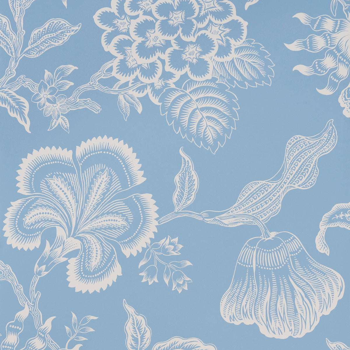 Hothouse Flowers Silhouette wallpaper in Bliss Blue by Celerie Kemble for Schumacher, large-scale white floral pattern on blue background.
