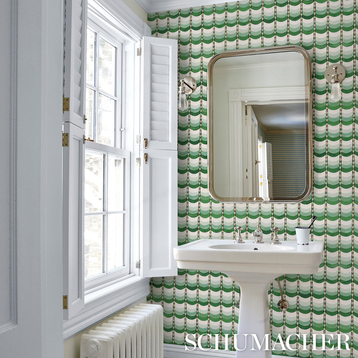 Sintra Green Trompe-l'oeil Tile Wallpaper by Celerie Kemble – Schumacher 5015351
