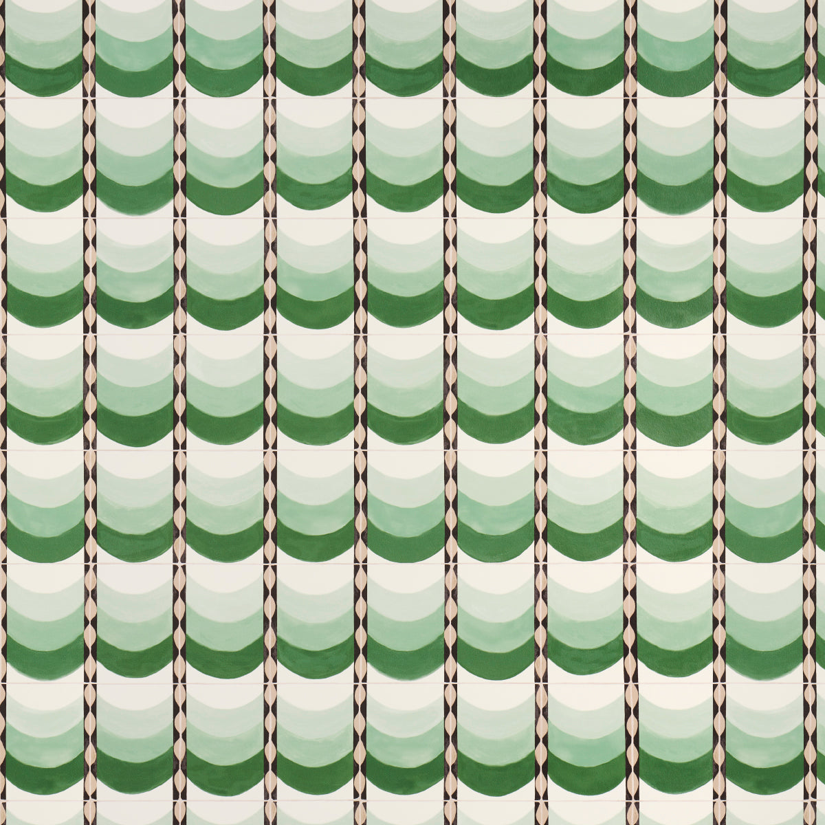Sintra by Celerie Kemble for Schumacher, green trompe-l'oeil tile-inspired wallpaper with ombré stripes, shown in a bathroom interior and close-up views.
