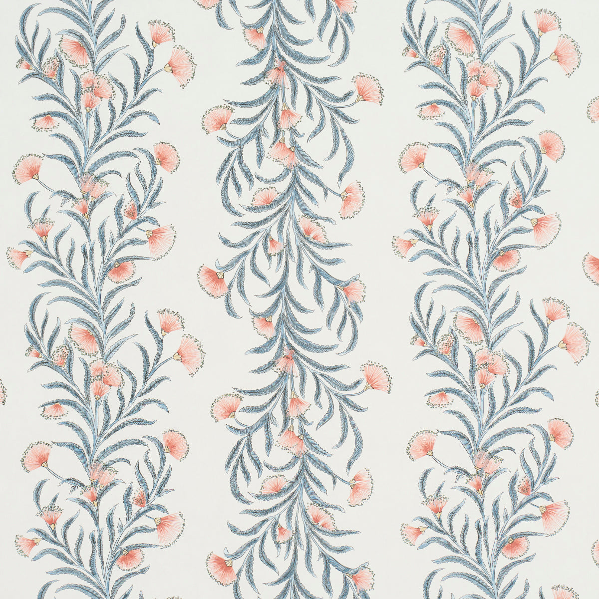 Tasmanian Mimosa wallpaper by Celerie Kemble for Schumacher in pink and grey, featuring large-scale botanical stripes and bottle-brush blooms.