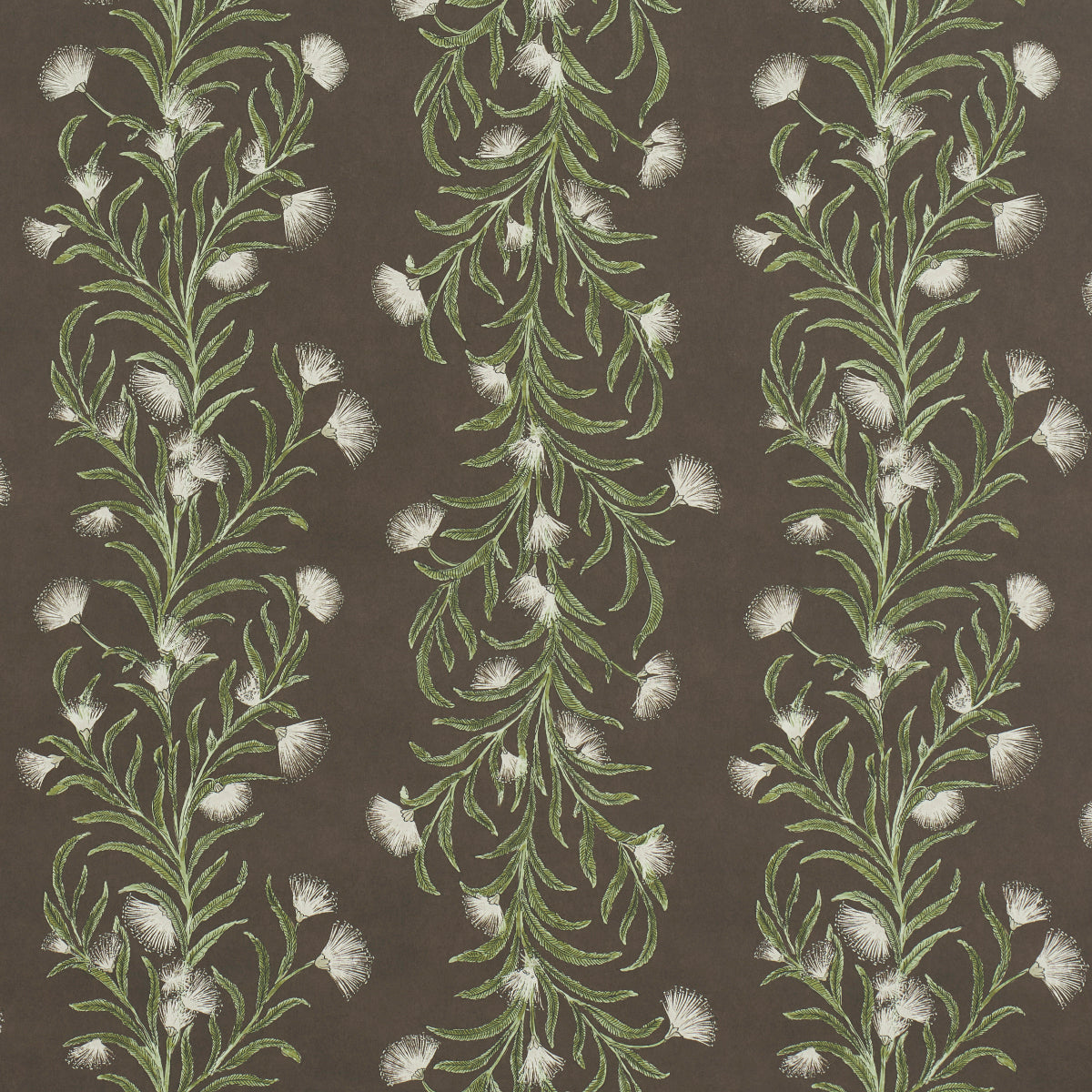 Tasmanian Mimosa wallpaper by Celerie Kemble for Schumacher, featuring large-scale botanical stripes in brown and green.