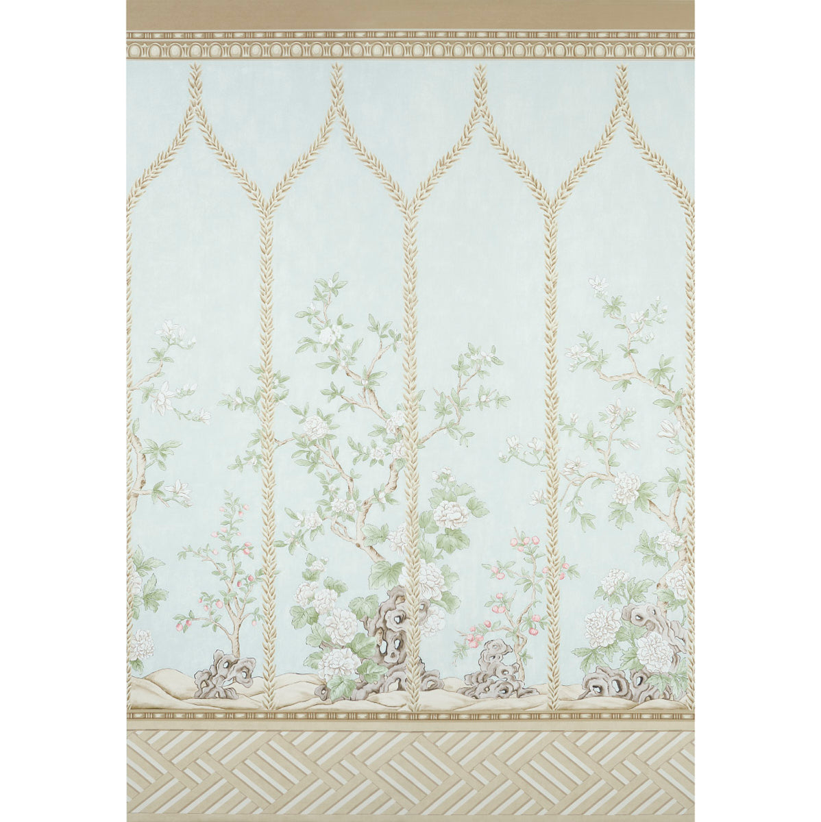 Victoria Panel Set wallpaper in Mineral by Schumacher, featuring hand-painted chinoiserie floral and arch design in soft pastel tones.