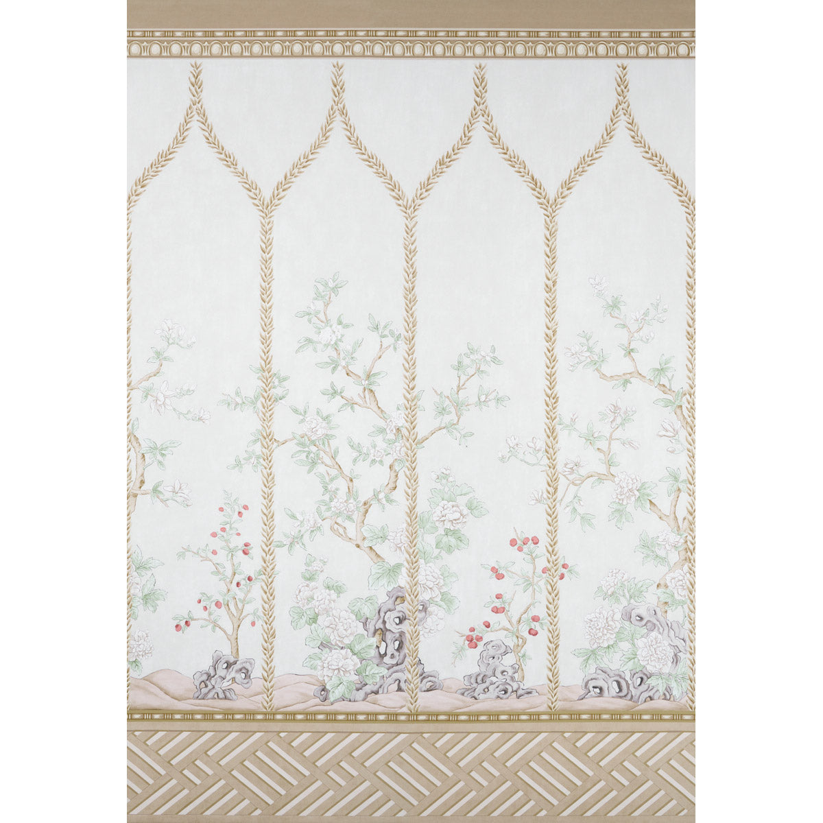 Victoria Panel Set wallpaper in Stone by Schumacher, featuring hand-painted chinoiserie floral and arch design in soft neutral tones.