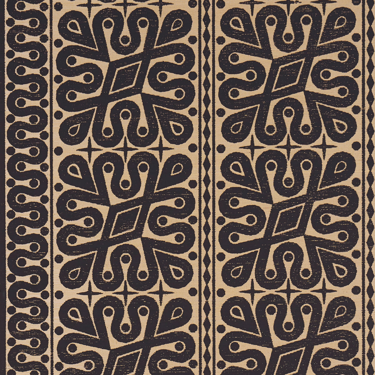 Borneo Grasscloth wallpaper by Schumacher in black, featuring a bold, hand screen printed Southeast Asian-inspired pattern designed by Celerie Kemble.
