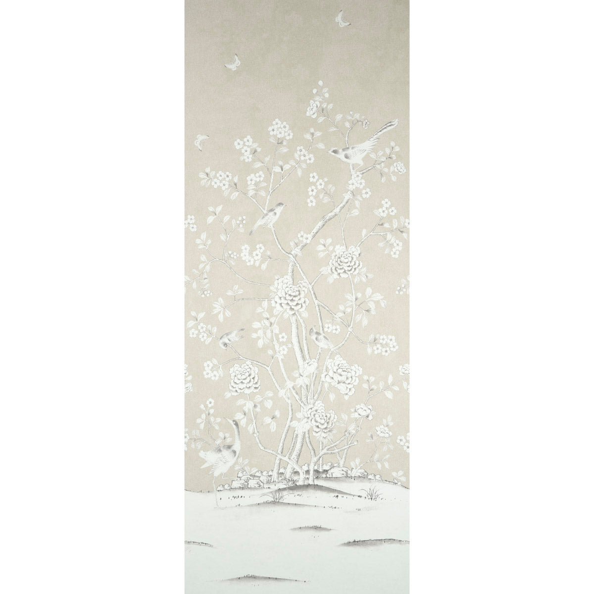 Chinois Palais Panel wallpaper in stone by Mary McDonald for Schumacher, featuring exotic birds and cherry blossoms in a chinoiserie style.