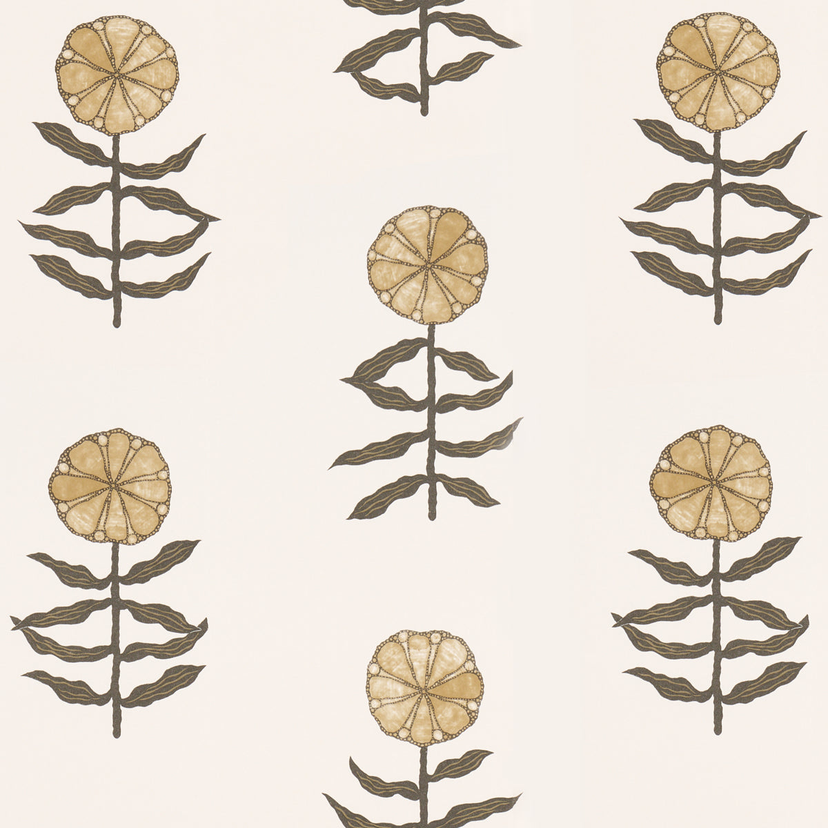 Pretty Petals wallpaper by Marian McEvoy for Schumacher, featuring stylized neutral flowers inspired by Central Asian textiles.