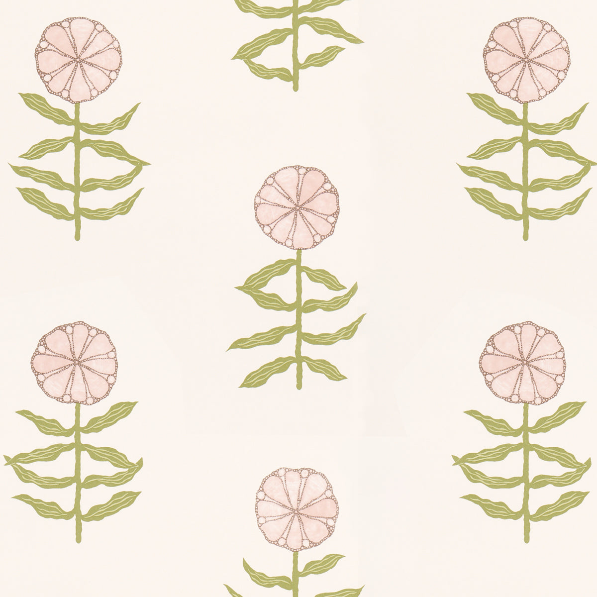 Pretty Petals wallpaper in Blush by Marian McEvoy for Schumacher, featuring stylized pink flowers and green stems on a light background.