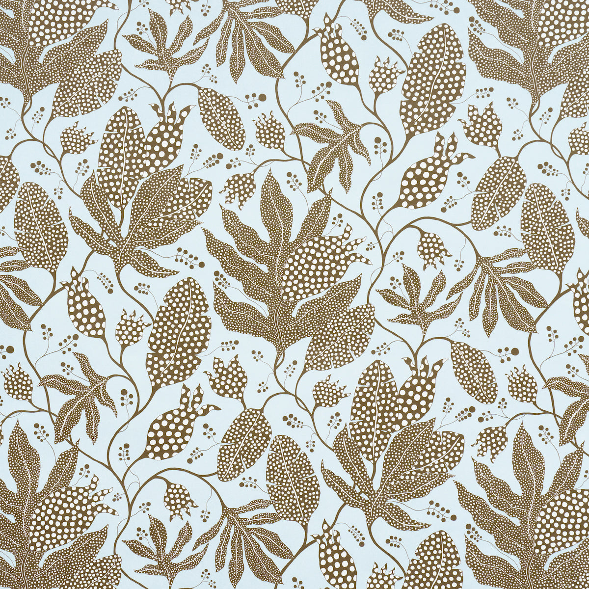 Polka Dot Jungle wallpaper by Marian McEvoy for Schumacher in brown and sky blue, featuring a large-scale botanical polka dot pattern.