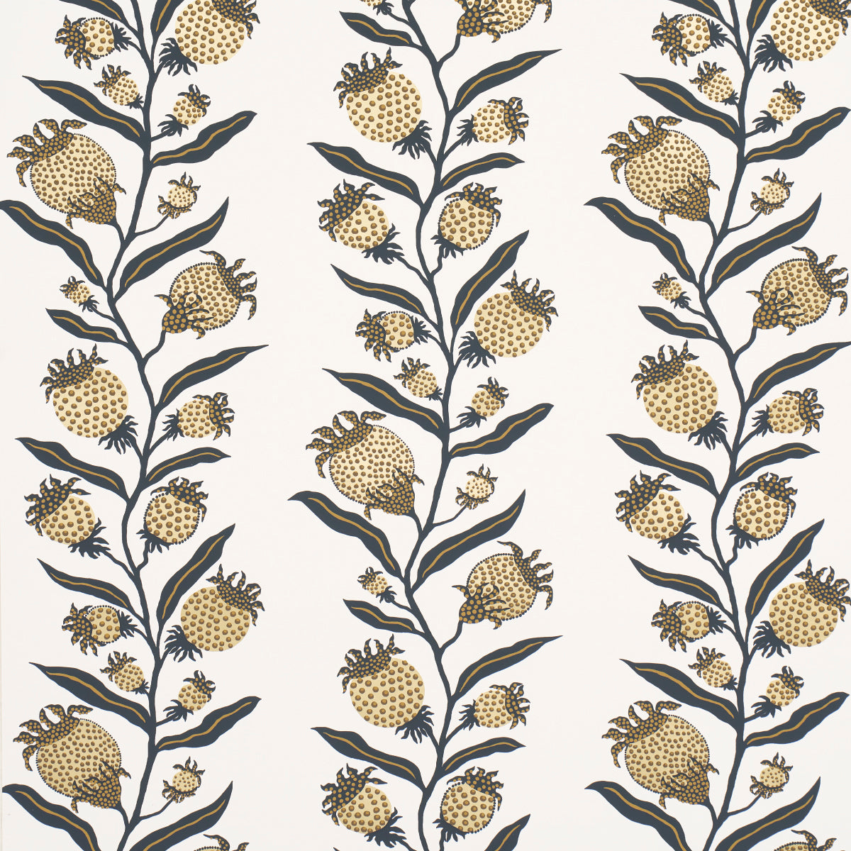 Thistle Vine wallpaper in black and gold by Marian McEvoy for Schumacher, featuring a botanical serpentine stripe pattern with metallic ink.