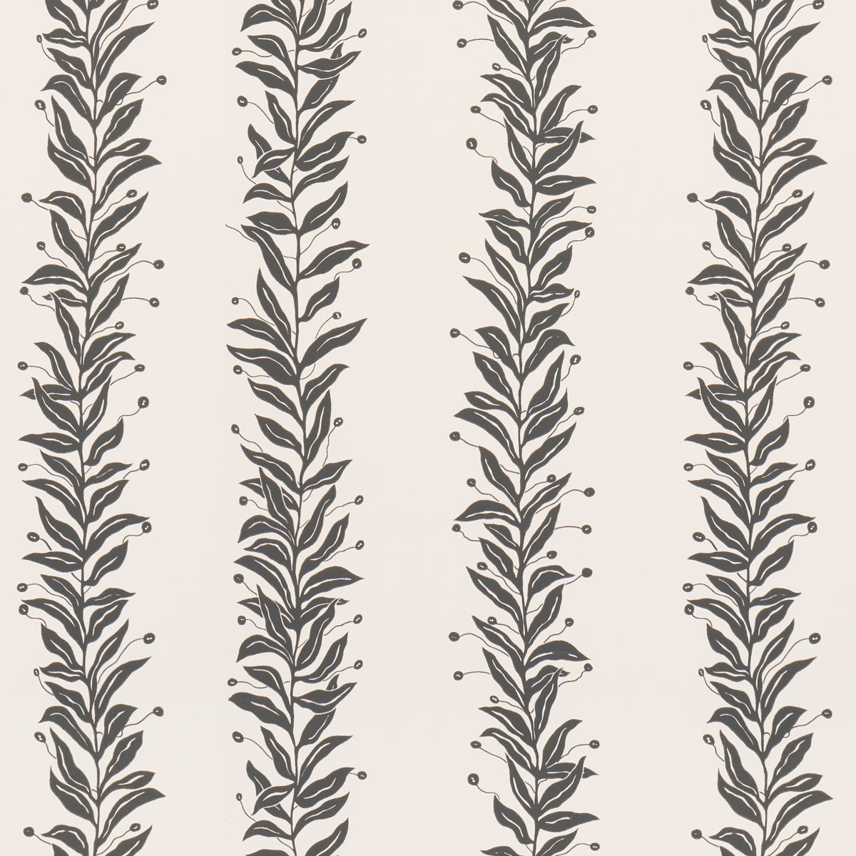 Tendril Stripe wallpaper by Marian McEvoy for Schumacher in black and cream, featuring a graceful vine pattern on a flat paper ground.