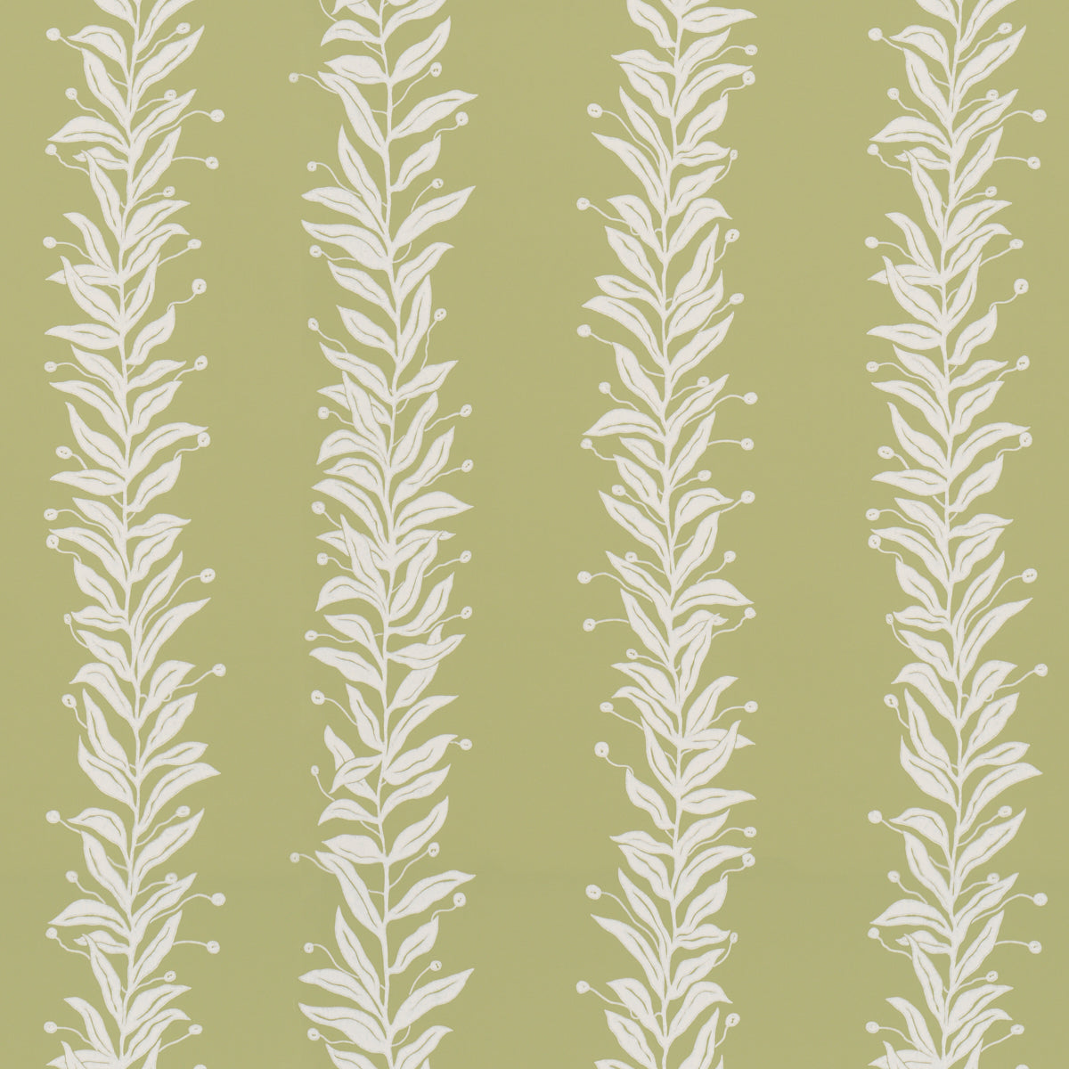 Tendril Stripe wallpaper in olive by Marian McEvoy for Schumacher, featuring a graceful vine pattern on a green background.
