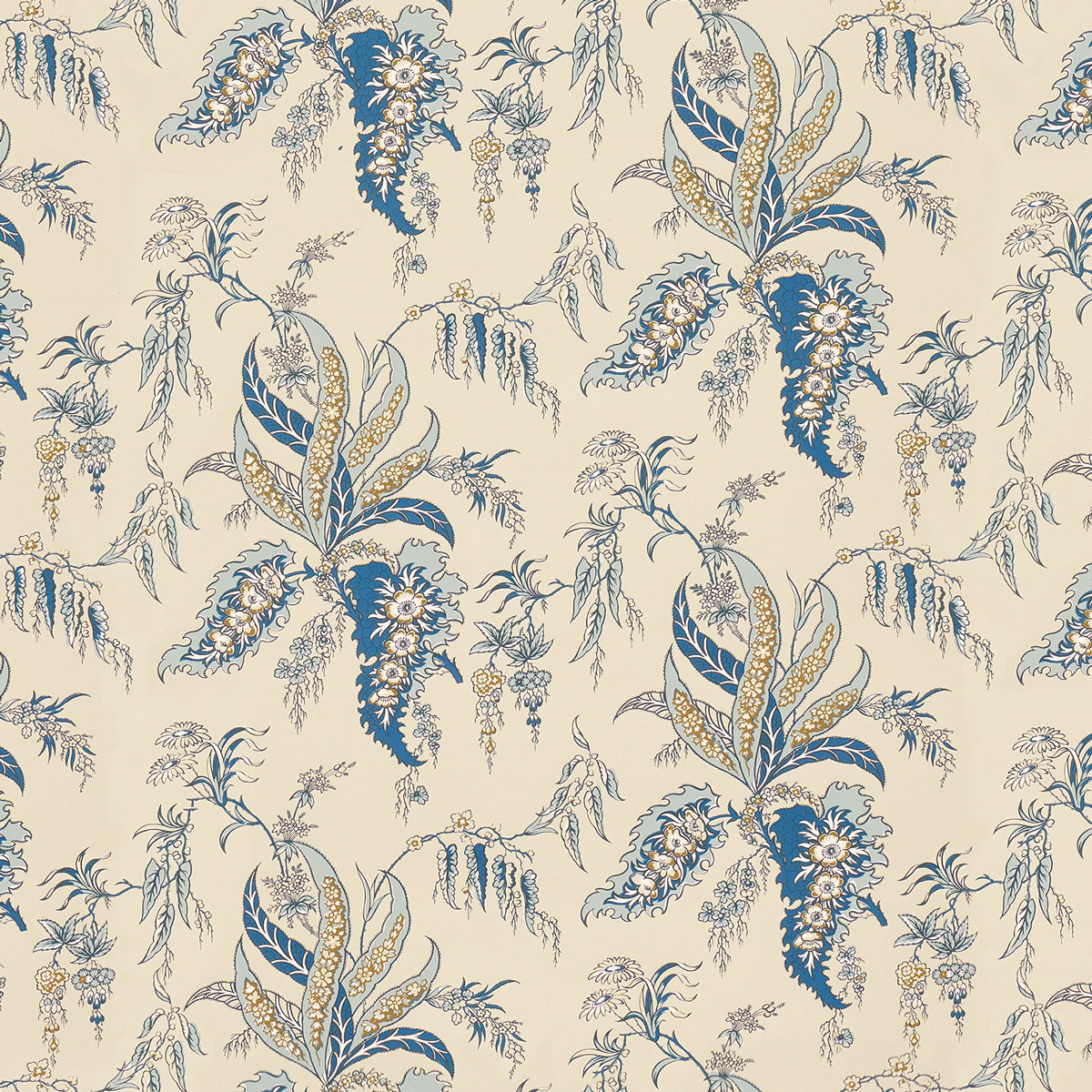 Apolline Botanical wallpaper in Ciel & Marine by Schumacher, featuring a fanciful leafy floral Ottoman-inspired pattern in blue and gold on a cream background.