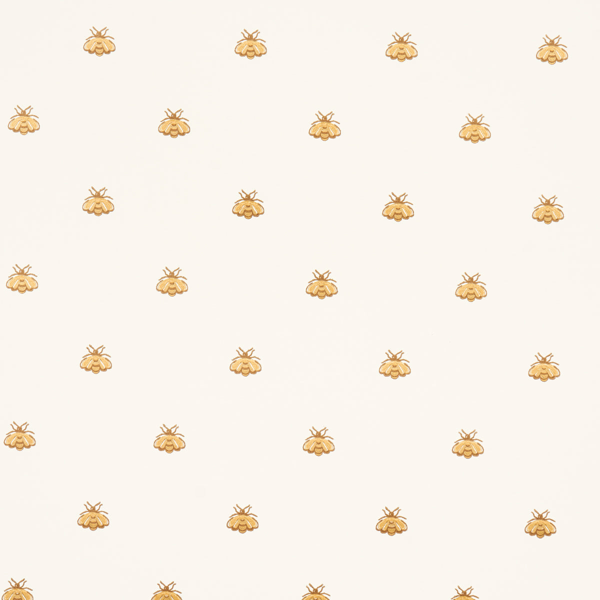 Hubert's Bees wallpaper in white and gold by Schumacher, featuring a small-scale bee motif with gold metallic ink on a white background.