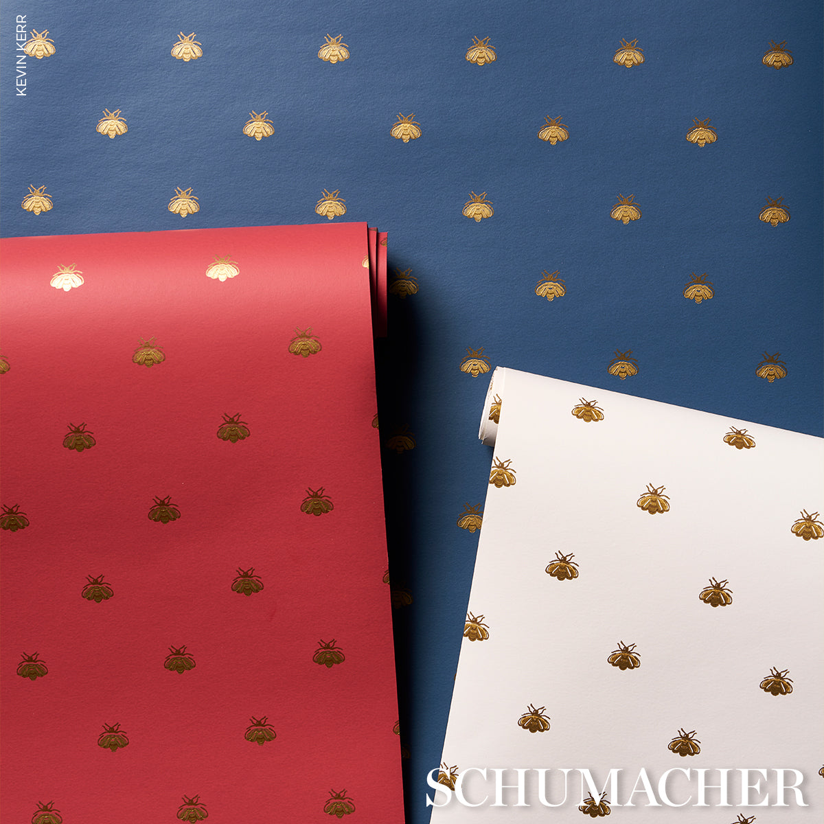Hubert's Bees Rouge & Gold by Schumacher Metallic Bee Motif Wallpaper – Schumacher 5015532