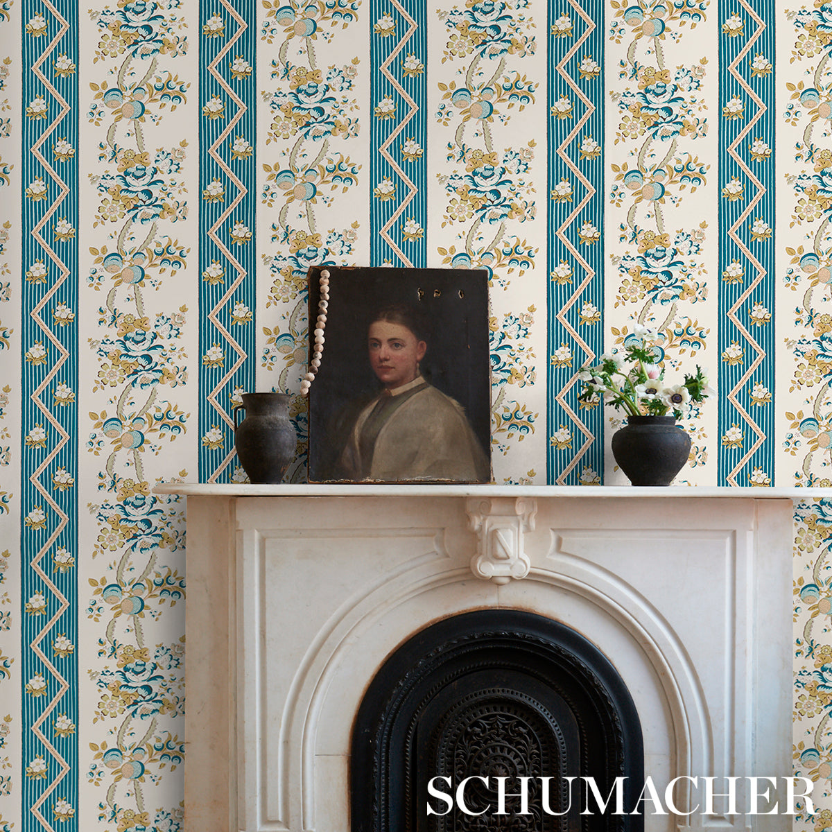 Sylvain Floral Stripe Teal by Schumacher French-Inspired Floral Stripe Wallpaper – Schumacher 5015540