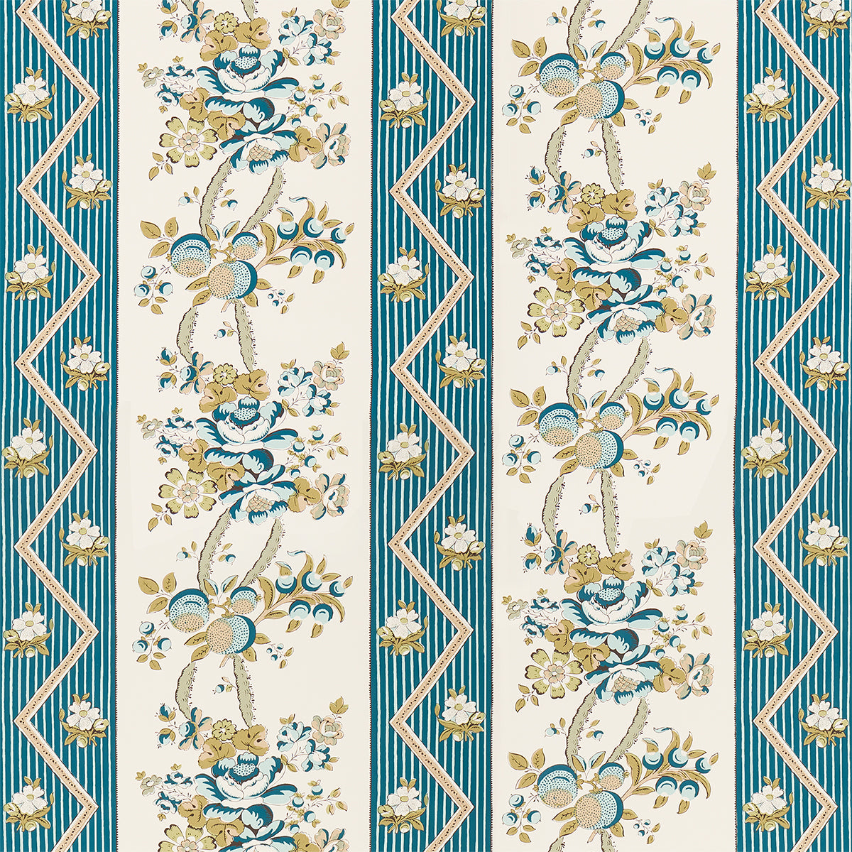 Sylvain Floral Stripe wallpaper in teal, featuring a French-inspired floral and stripe pattern with botanical elements and zigzag details.