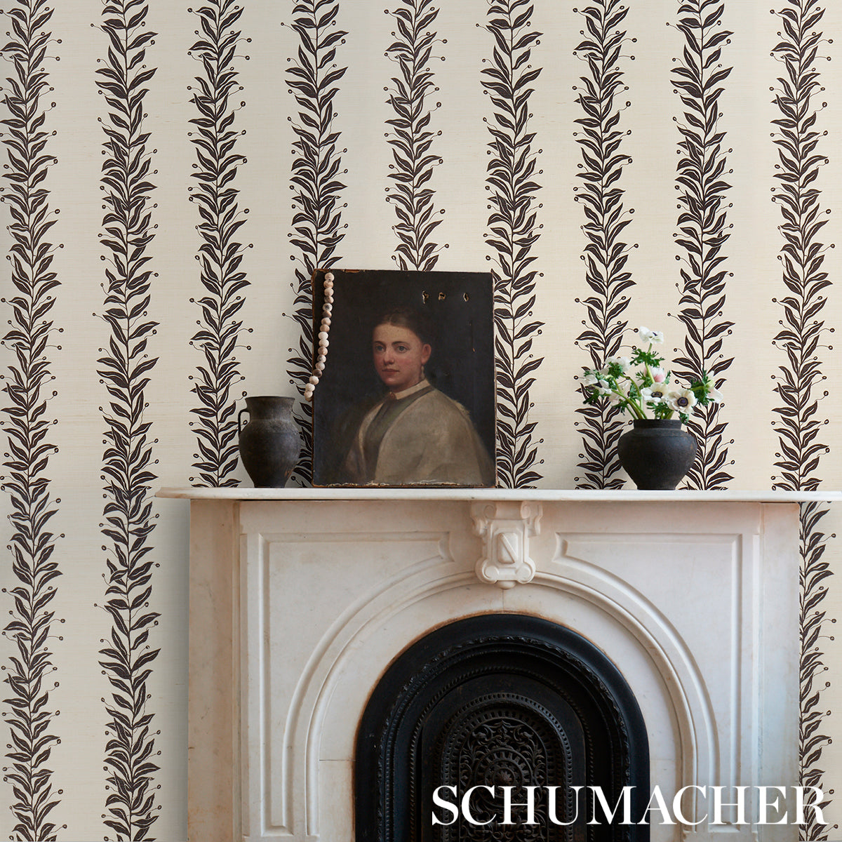 Tendril Stripe Sisal Black & Cream by Marian McEvoy Botanical Stripe Wallpaper – Schumacher 5015562
