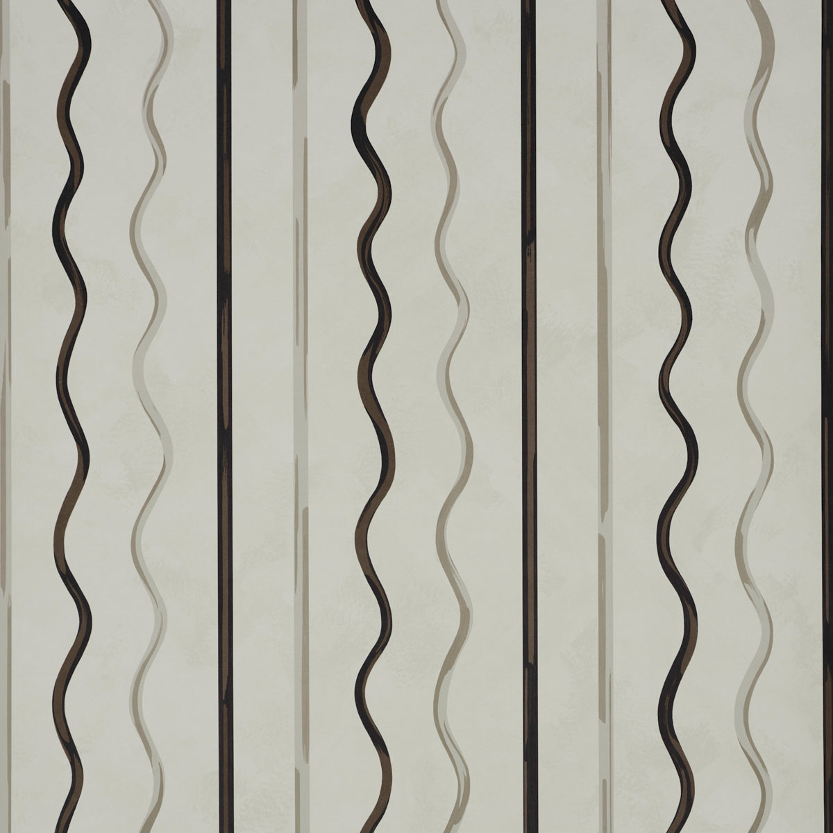 Affogato wallpaper in Ivory & Carbon by Backdrop for Schumacher, featuring painterly serpentine stripes in a modern, trompe-l'oeil effect.