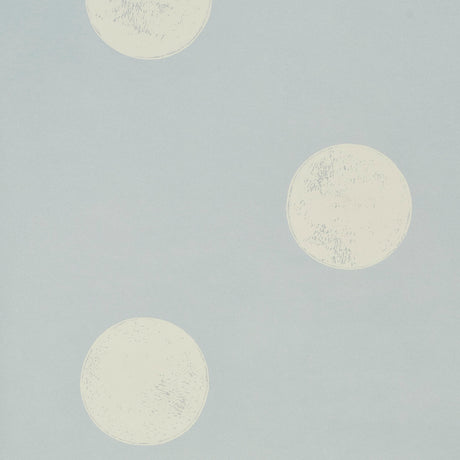 Monte Carlo Soft Blue by Backdrop, a wide-width wallpaper with large-scale random polka-dot pattern in soft blue and white.