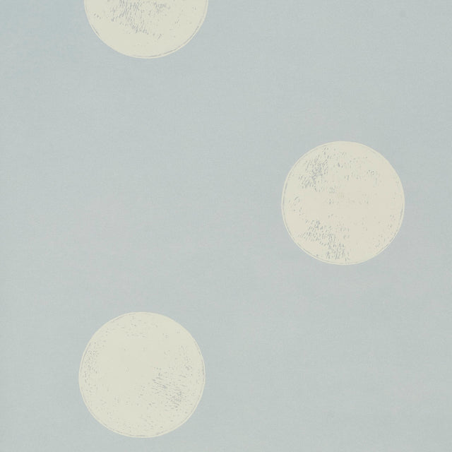 Monte Carlo Soft Blue by Backdrop, a wide-width wallpaper with large-scale random polka-dot pattern in soft blue and white.