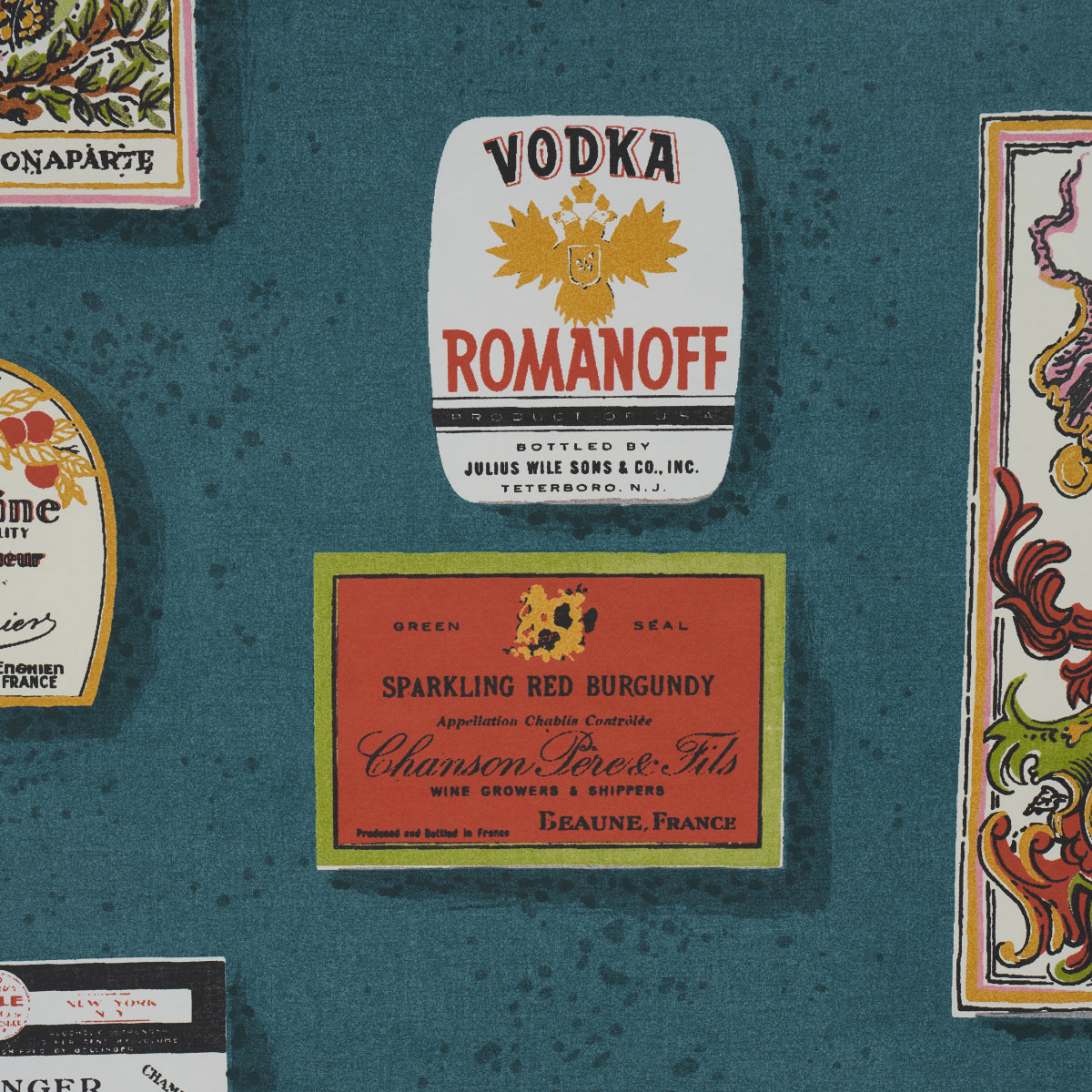 SALUD Grotto Blue by Backdrop Retro Liquor Label Wallpaper – Schumacher 5015600