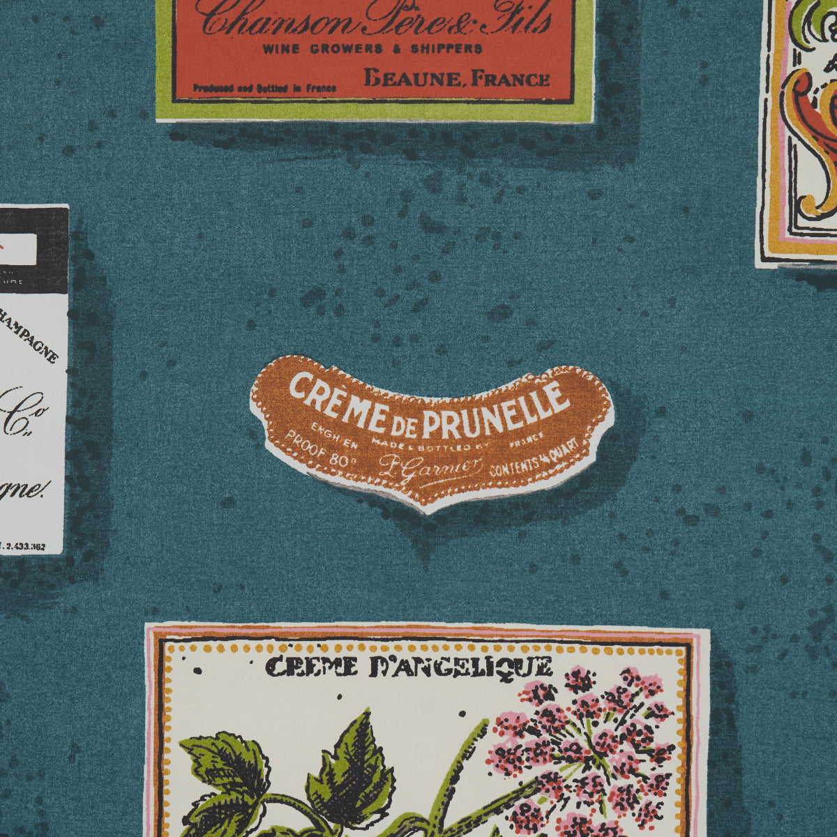 SALUD Grotto Blue by Backdrop Retro Liquor Label Wallpaper – Schumacher 5015600
