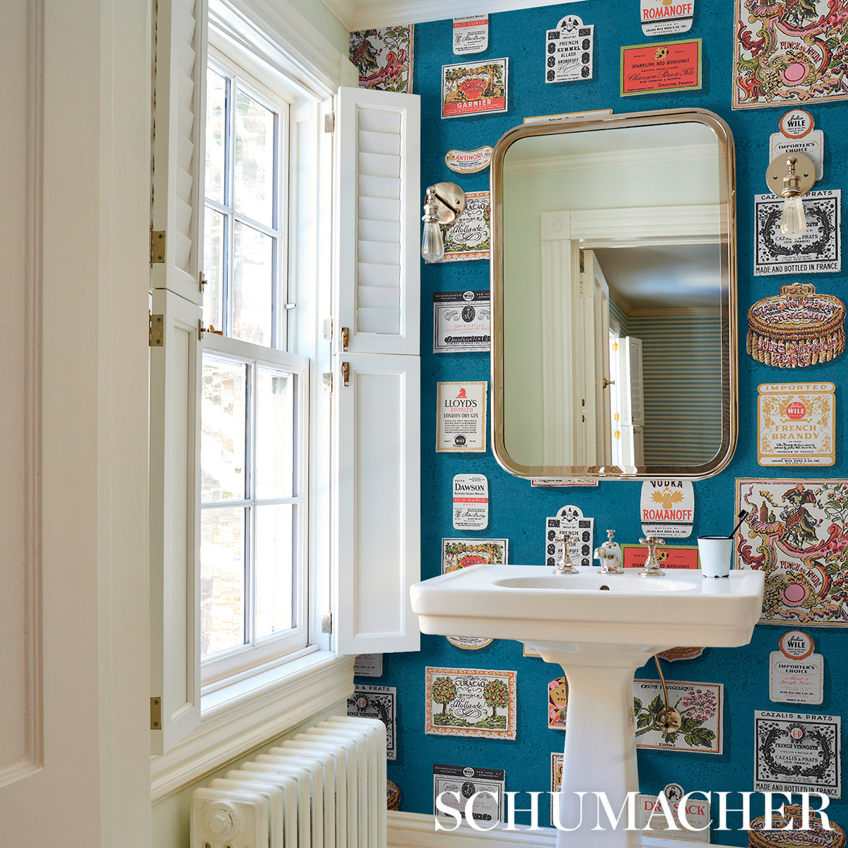 SALUD Grotto Blue by Backdrop Retro Liquor Label Wallpaper – Schumacher 5015600