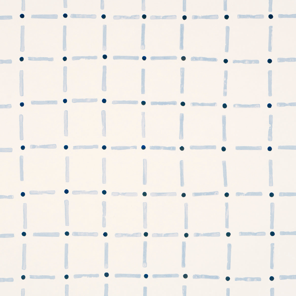 Drifting Grid wallpaper in Sky by Caroline Z Hurley for Schumacher, a playful blue grid pattern on white background.