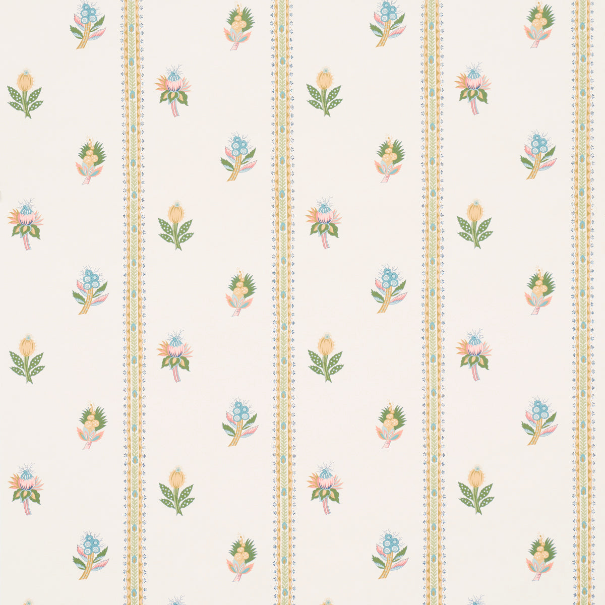 LES FLEURS EXOTIQUES wallpaper in citron colorway, featuring narrow vertical stripes and delicate tropical flowers, styled in a bedroom setting.