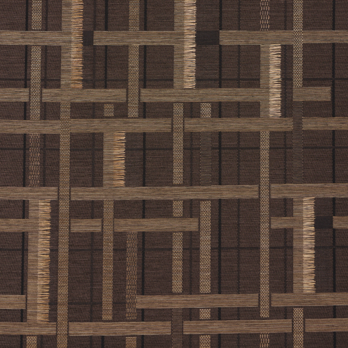 Axel Plaid Wallcovering in Saddle Brown by Schumacher, artisanal geometric jacquard weave wallpaper with cut fringe detail, shown in a modern bedroom setting.