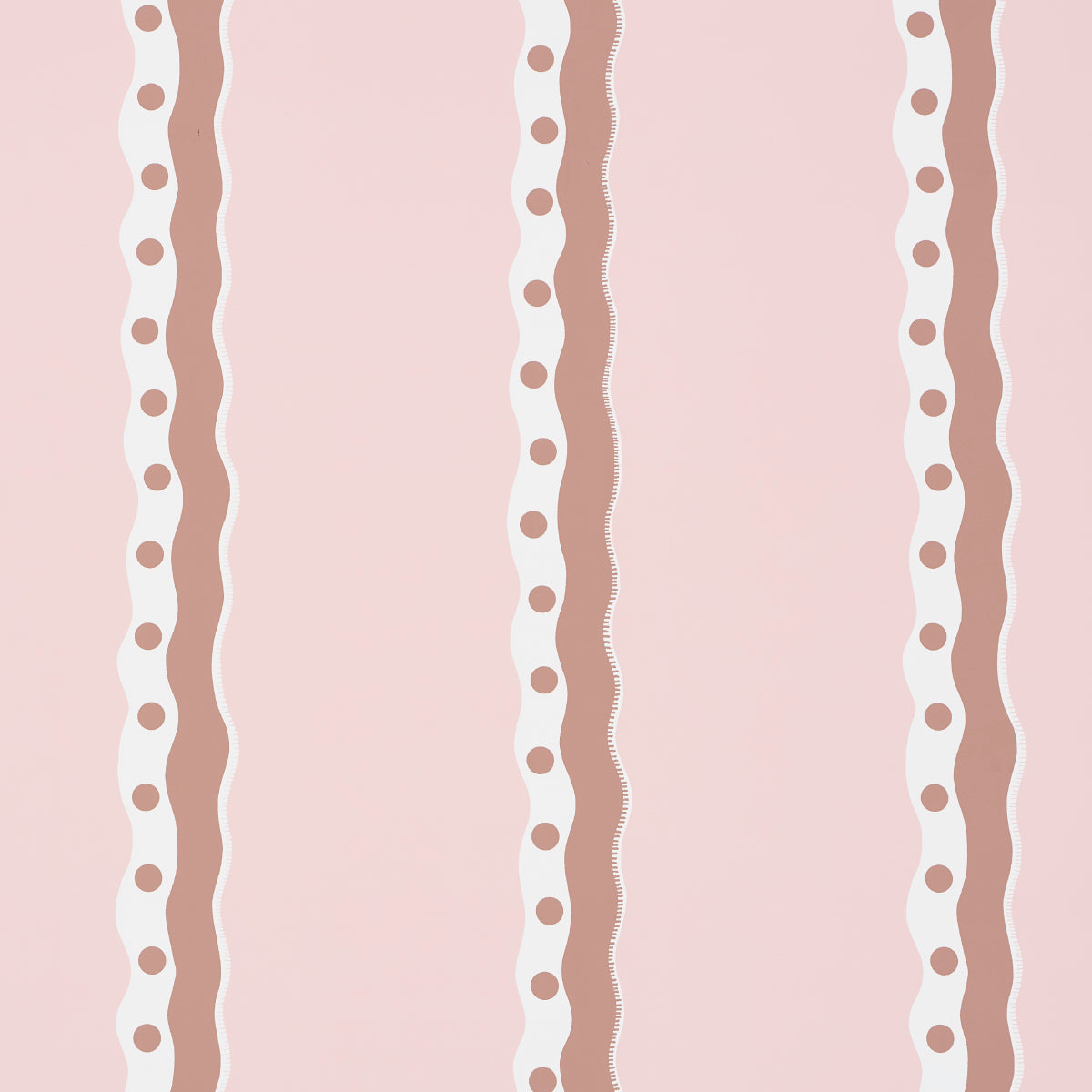 Rousseau Stripe wallpaper in cocoa and blush by Schumacher, featuring wavy vertical stripes with polka dots on a soft pink background.