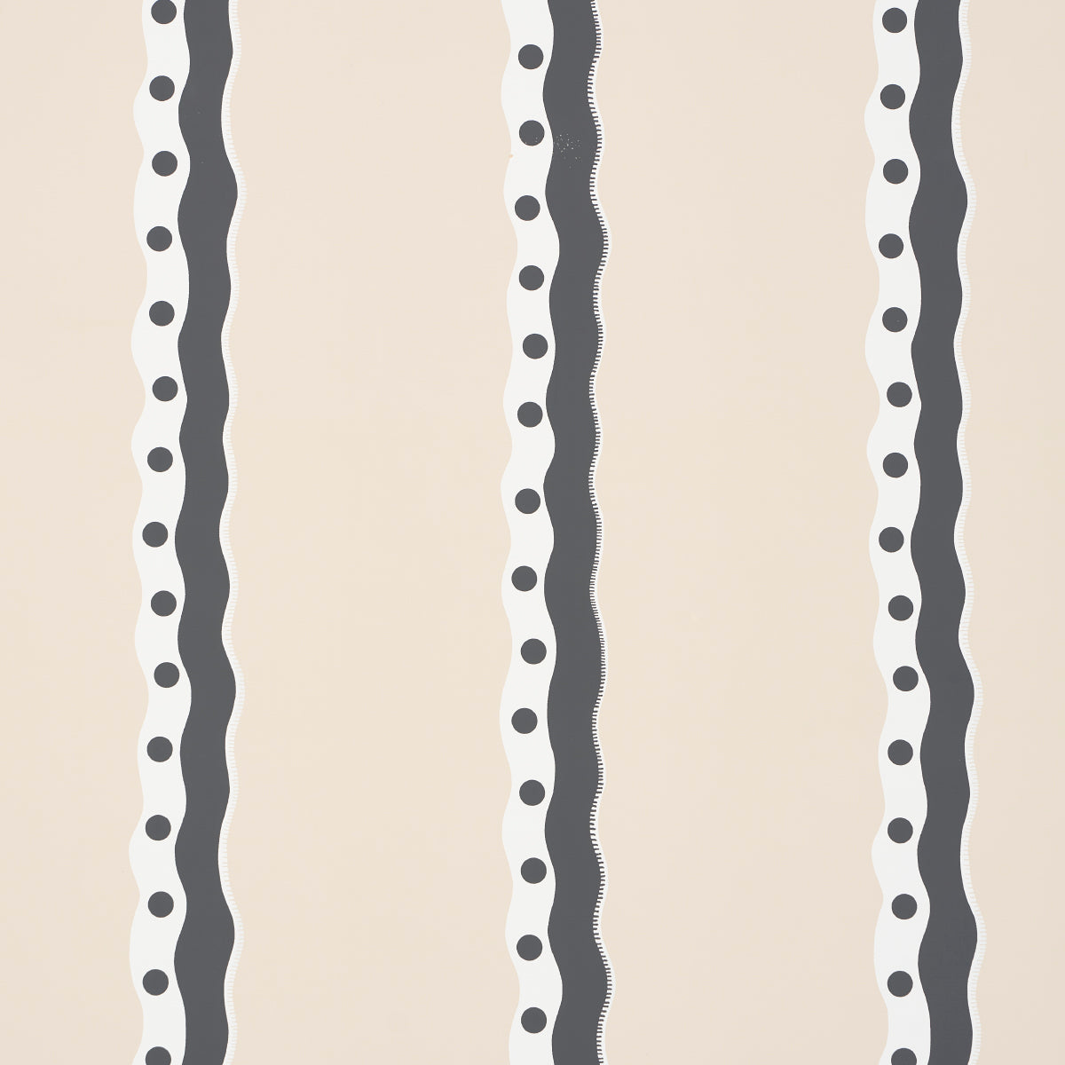 Rousseau Stripe wallpaper in Noir & Cream by Schumacher, featuring wavy black and white stripes with polka dots on a cream background.