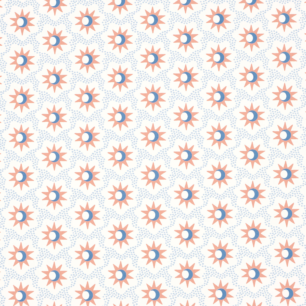 Lucie wallpaper in clay and blue by Schumacher, featuring a celestial starburst and crescent moon pattern.
