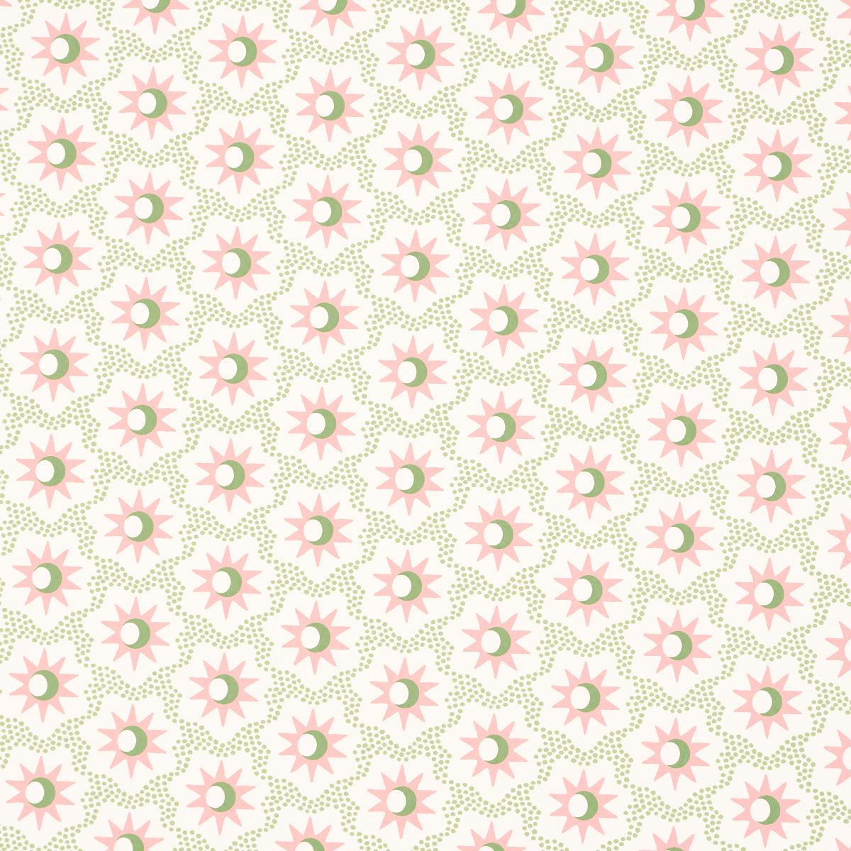 Lucie wallpaper in pink and green with starburst and crescent moon pattern by Schumacher