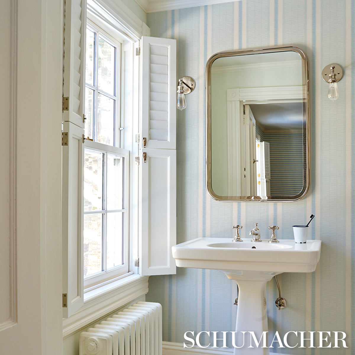 Ipala Stripe Vinyl Sky by Schumacher High-Performance Striped Type II Vinyl Wallpaper – 5015800