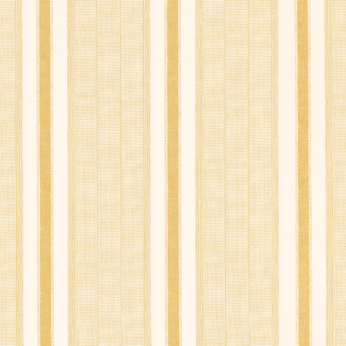 Ipala Stripe Vinyl wallpaper in ochre by Schumacher, featuring a multi-width stripe pattern in yellow and cream tones, shown in a bathroom interior and as a close-up of the roll.