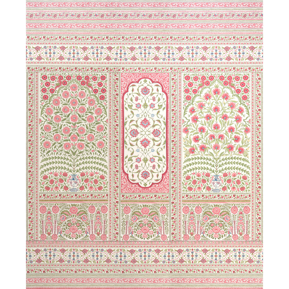 Montecito Panel Set by Mark D. Sikes for Schumacher. Large-scale, intricate paisley, floral, and medallion wallcovering in red and green on uncoated nonwoven.