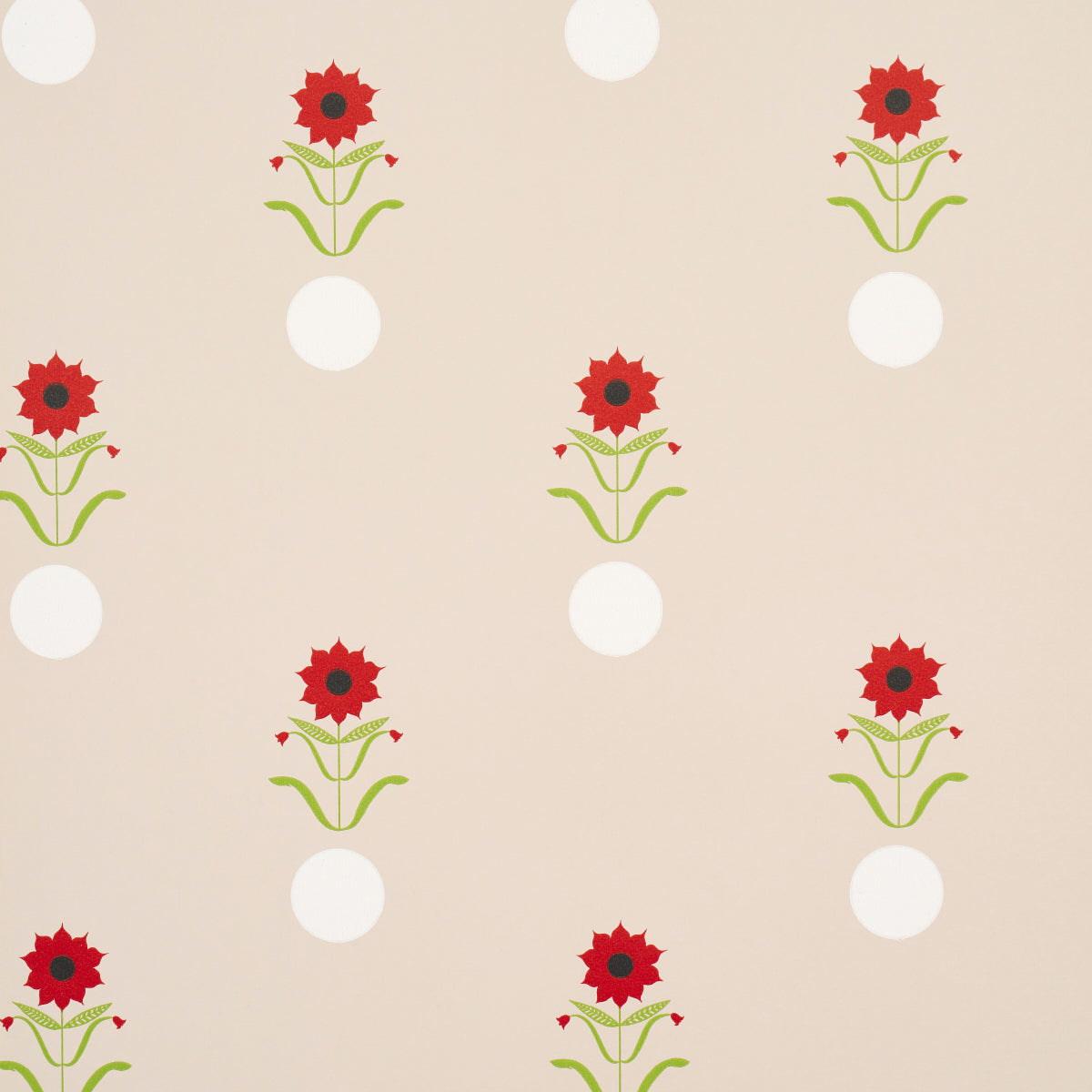Forget Me Dots wallpaper by Peg Norriss for Schumacher, featuring playful red flowers and white dots on a neutral background.