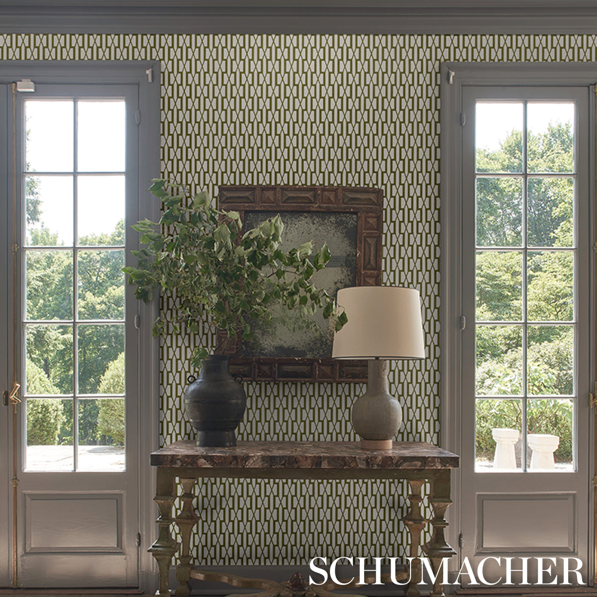 BELVEDERE Olive Trellis Wallpaper by Veere Grenney – Schumacher 5015910