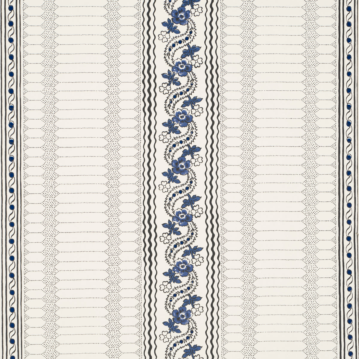Serena Stripe wallpaper by Rita Konig for Schumacher, featuring blue floral and stripe pattern on a white background.