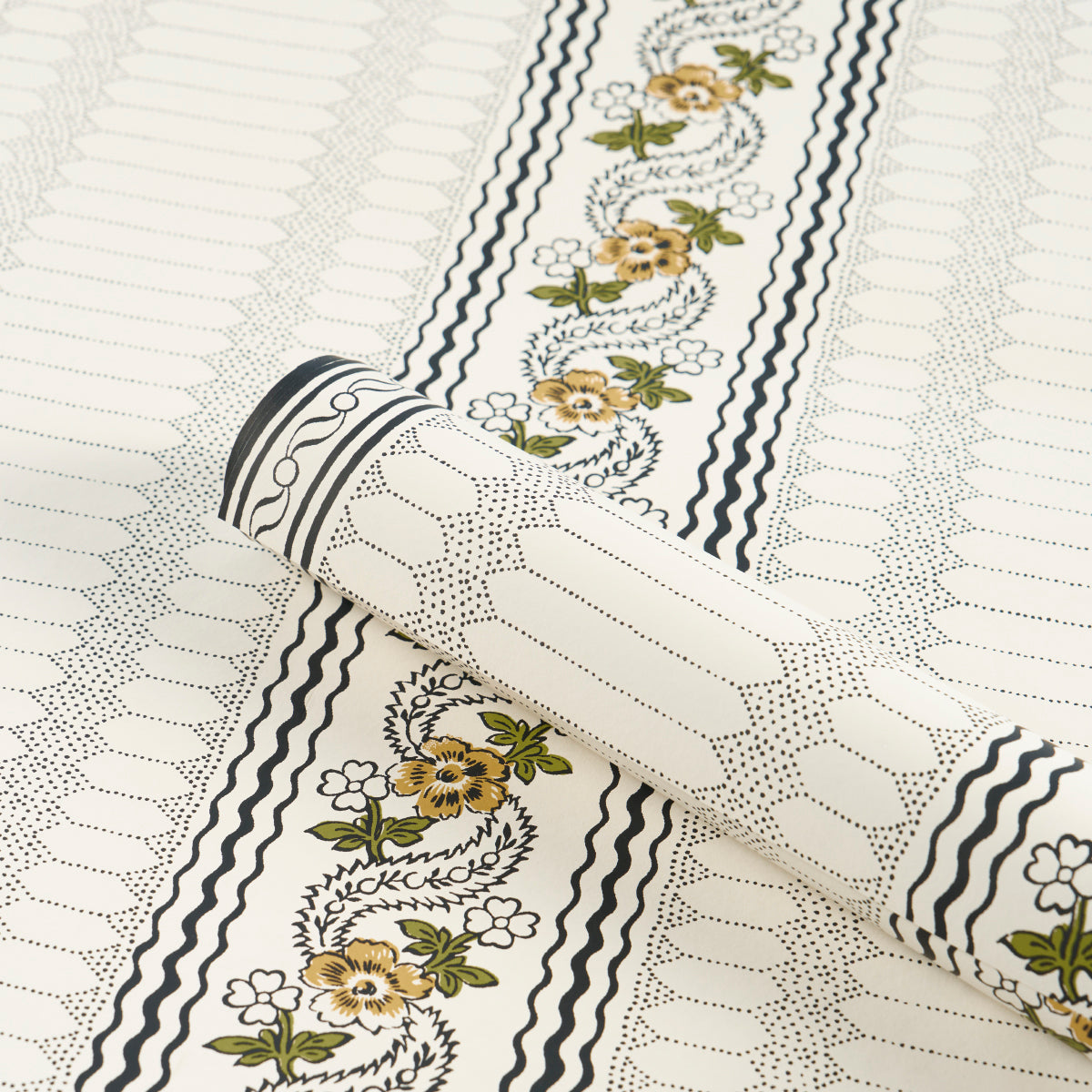 Serena Stripe Ochre by Rita Konig Floral Stripe Designer Wallpaper – Schumacher 5015931
