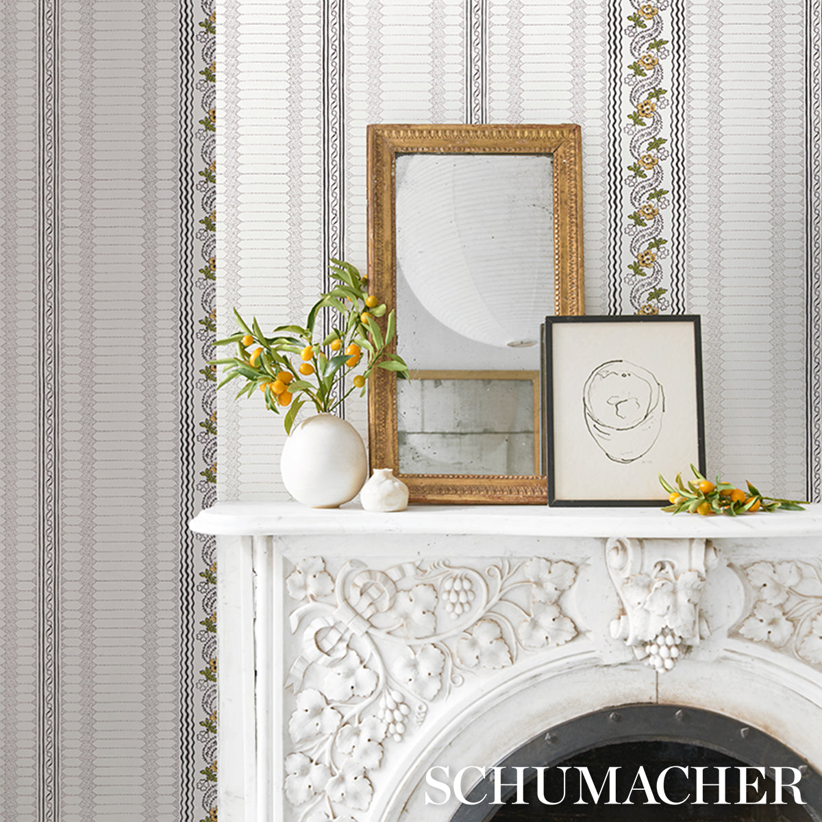 Serena Stripe Ochre by Rita Konig Floral Stripe Designer Wallpaper – Schumacher 5015931